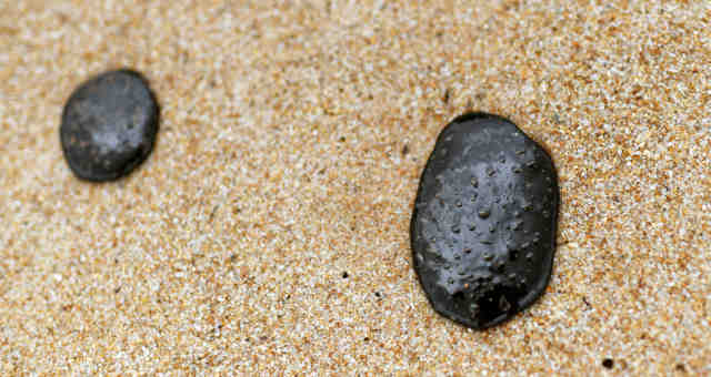 Manchas de petróleo na praia de Barra de Jacuipe, em Camaçari