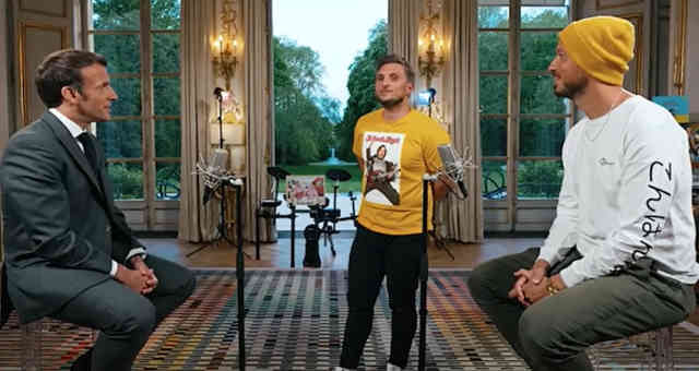 Presidente francês Emmanuel Macron com os humoristas Carlito e McFly