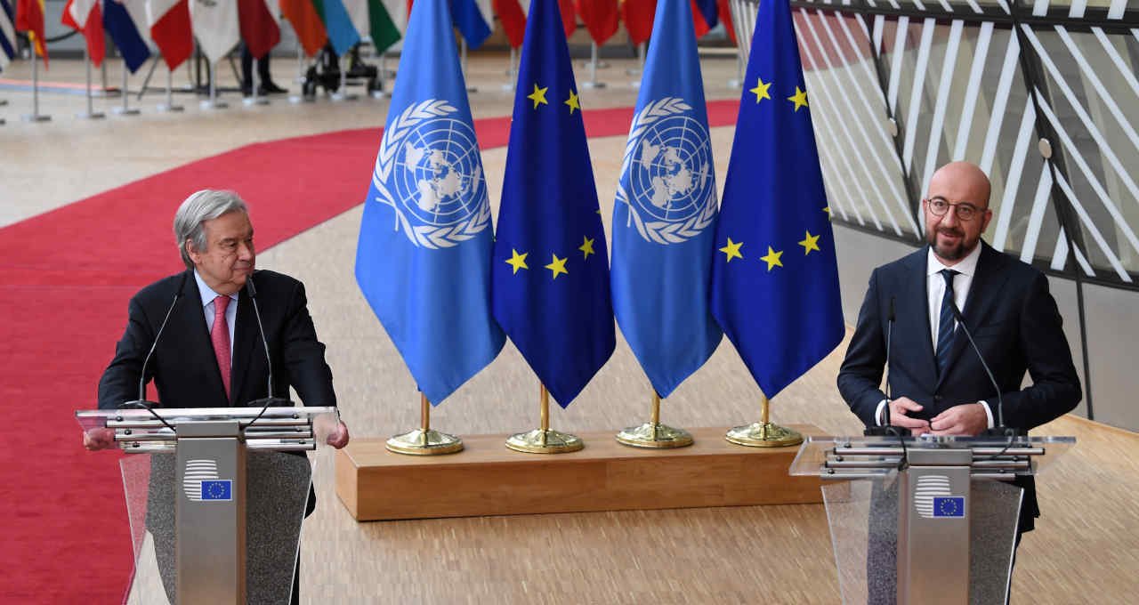Secretário-geral da Organização das Nações Unidas, António Guterres e o presidente do Conselho Europeu, Charles Michel