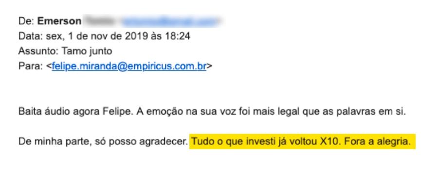 Print de email com depoimento positivo