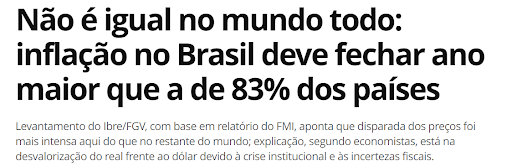 A manchete do G1 mostra "Não é igual no mundo todo: inflação no Brasil deve fechar ano maior que a de 83% dos países"