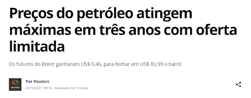 Preços do petróleo atingem máximas em três anos com oferta limitada