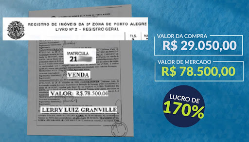 Matrícula de registro de imóveis mostra que Lerry Granville vendeu um apartamento popular de 29.050 reais por 78.500 reais.