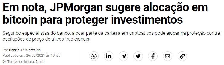 JPMorgan sugere alocação em Bitcoin para proteger investimentos.