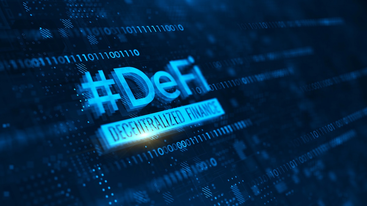 Simbolo #DeFi aparece escrito em azul em uma tela