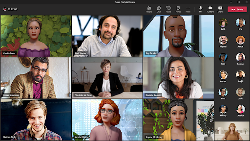 Print de uma videoconferência do Microsoft Teams, mesclando pessoas reais e avatares animados.