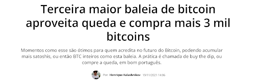 print da manchete "terceira maior baleia de bitcoin aproveita queda e compra mais de 3 mil bitcoins"