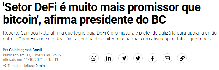 Matéria diz que presidente do BC, Roberto Campos Neto, considera o setor DeFi mais promissor que o Bitcoin