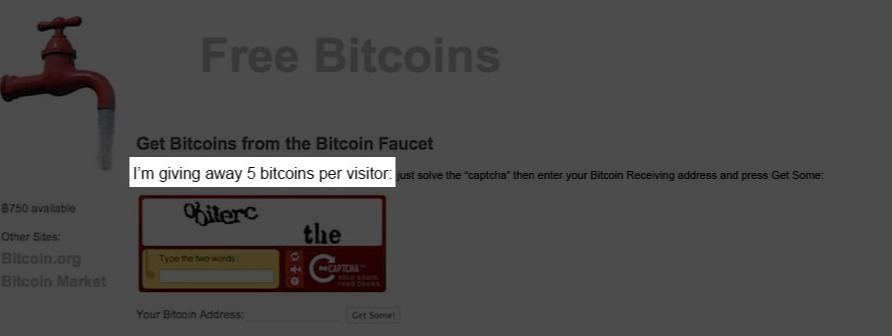 A imagem mostra como era possível adquirir cinco bitcoins por vez na carteira apenas apertando um botão de “captcha” e preenchendo alguns caracteres. Fonte: Free Bitcoins