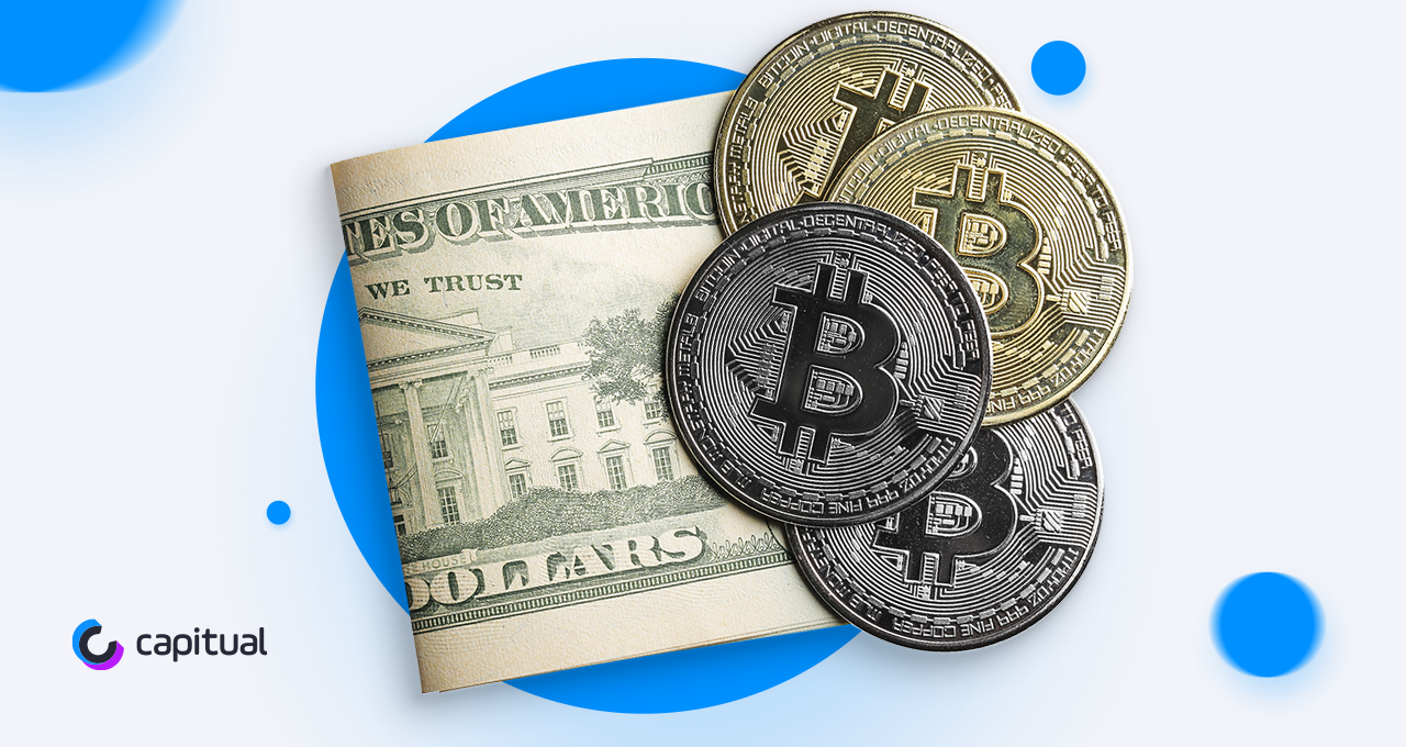 imagem de dinheiro e moedas de bitcoin