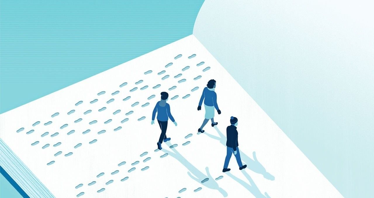 Ilustração de pessoas "andando" nas páginas de um livro, em tons azulados