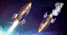 Dois foguetes: um com o símbolo do Bitcoin descendo e outro de criptomoeda desconhecida subindo