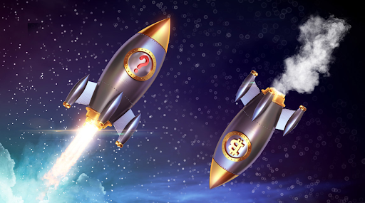 Dois foguetes: um com o símbolo do Bitcoin descendo e outro de criptomoeda desconhecida subindo