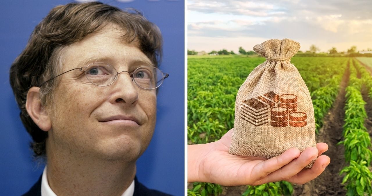 Montagem de Bill Gates ao lado de um cenário relacionado ao agronegócio