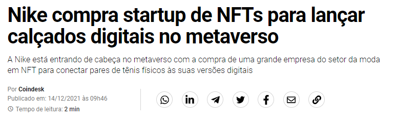 Nike compra startup de NFTs para lançar calçados digitais no metaverso