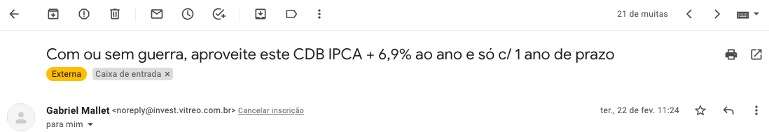 print de um email com oportunidade de título de renda fixa pagando ipca + 6,9%