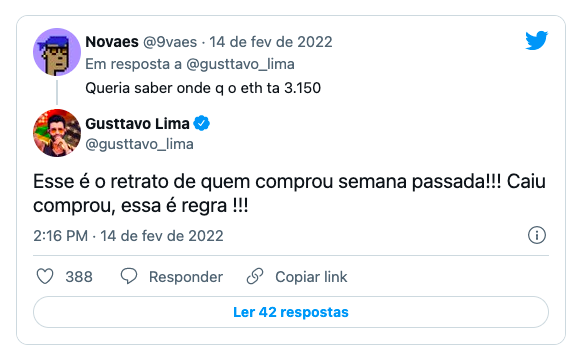 Tweet de Gusttavo Lima comentando sobre criptomoedas