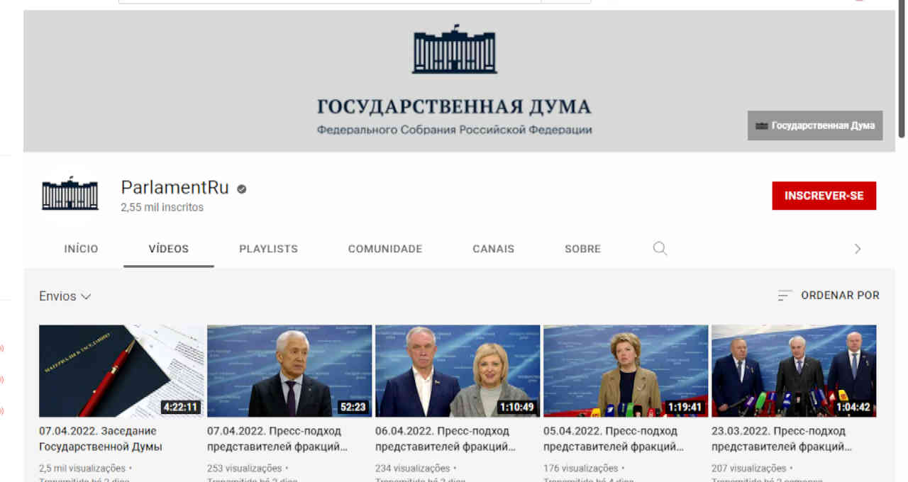 Canal da Duma, Parlamento da Rússia, no YouTube