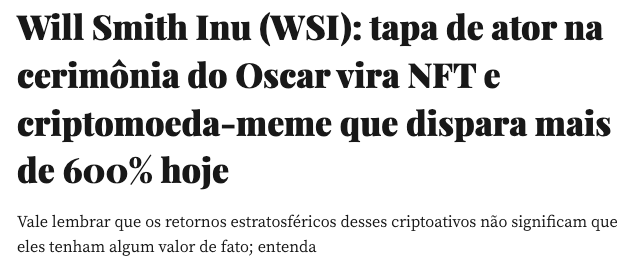 Will Smith Inu (WSI): tapa de ator na cerimônia do Oscar vira NFT e criptomoeda-meme que dispara mais de 600% hoje