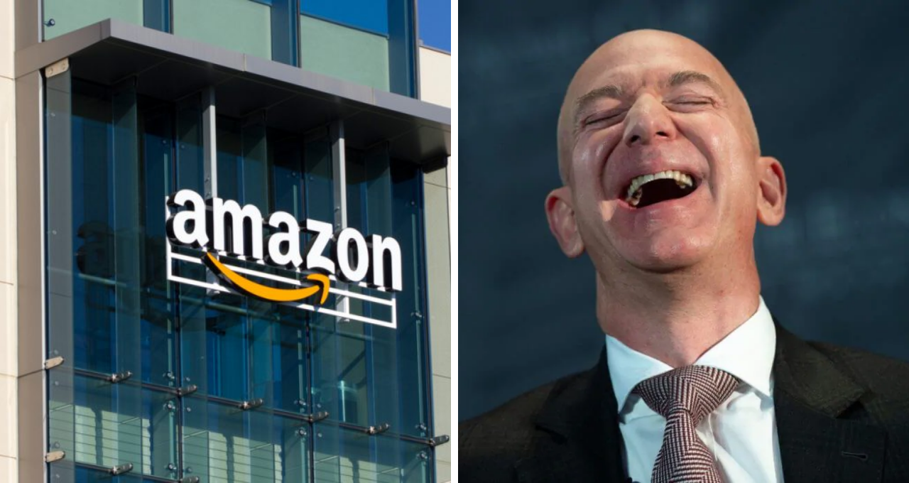 Montagem com a fachada da Amazon e Jeff Bezos rindo