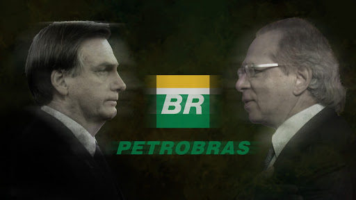 Jair Bolsonaro e Paulo Guedes frente a frente com logo Petrobras