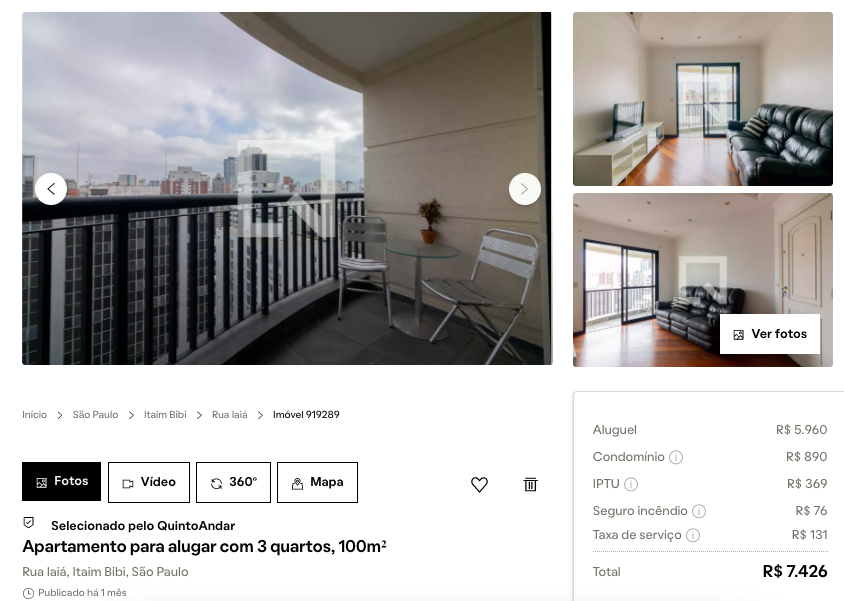A imagem mostra o aluguel de um apartamento na zona nobre de São Paulo