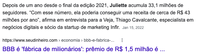 Trecho de notícia que diz que faturamento potencial de Juliette é de R$ 43 milhões ao ano