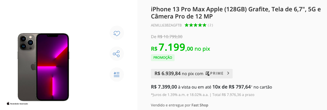 Imagem de uma loja virtual vendendo o iPhone 13 Pro Max por R$ 7.199