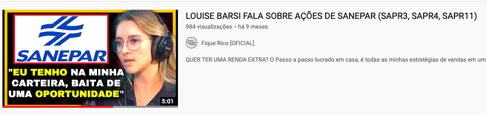 Vídeo no YouTube com título: "LOUISE BARSI FALA SOBRE AÇÕES DE SANEPAR"