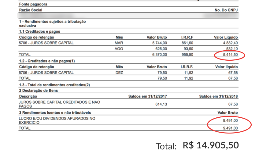 Imagem mostra ganhos de R$ 14.905,50 com dividendos