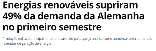 Manchete: Energias renováveis supriram 49% da demanda da Alemanha no primeiro semestre