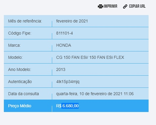 Imagem mostra o valor na tabela fipe da moto