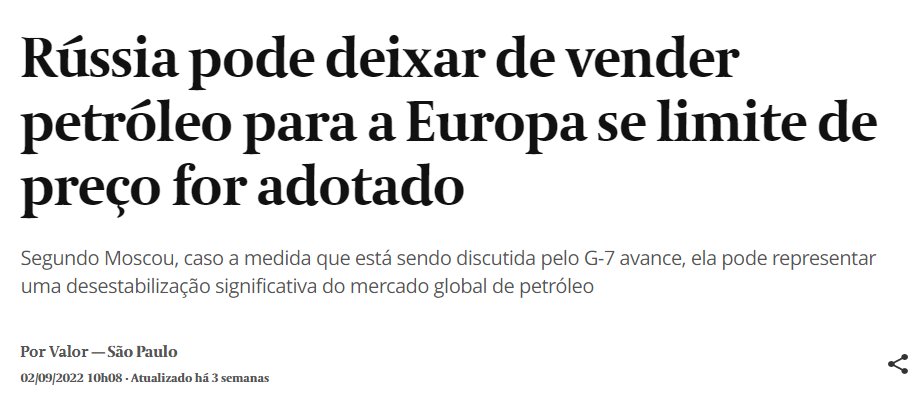 Manchete: Rússia pode deixar de vender petróleo para a Europa se limite de preço for adotado