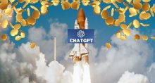 foguete com logo do ChatGPT cercado por moedas