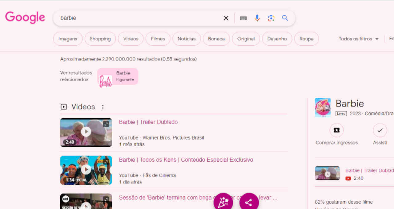 Barbie Google página buscas onda rosa filme margot robie greta grewig mattel
