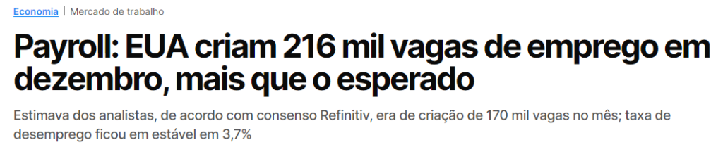 Payroll: EUA criam 216 mil vagas de emprego em dezembro, mais que o esperado