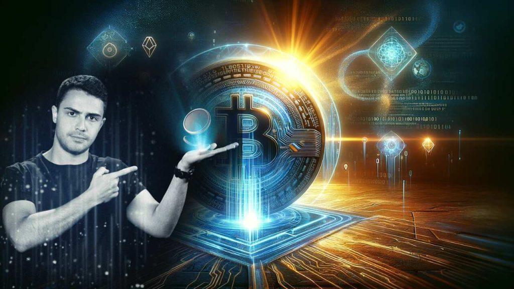 Imagem mostra o economista Valter Rebelo em frente a uma imagem do Bitcoin criada com ajuda do ChatGPT.