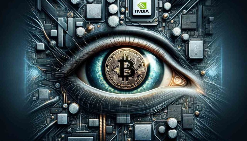 A imagem foi feita com auxílio de inteligência artificial e retrata um olho com um Bitcoin no centro. Ao fundo, referências a Nvidia, com componentes eletrônicos e o logo da marca.