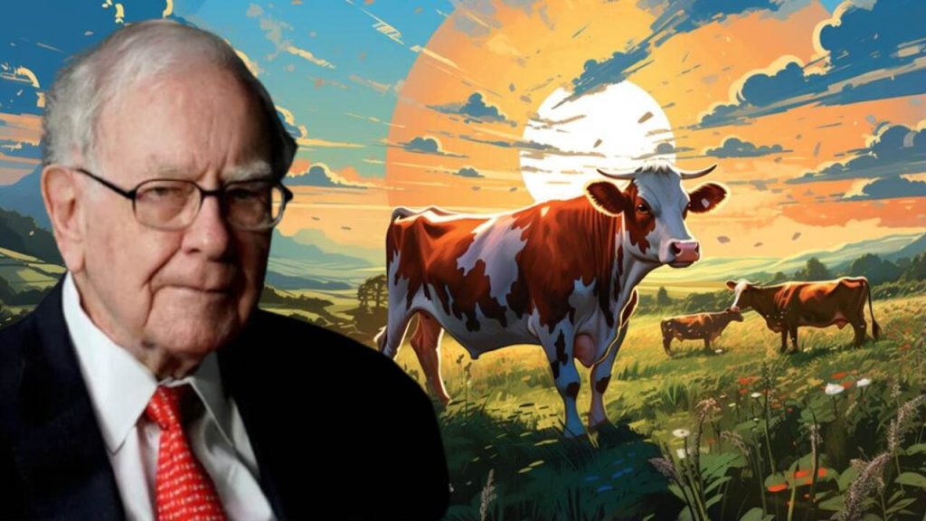 Imagem é uma montagem que mostra o investidor Warren Buffett em frente a um pasto com vacas representando os dividendos