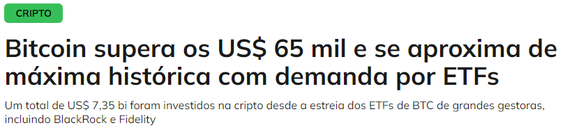 ETFs de Bitcoin nos EUA impulsionou a moeda a sair do patamar dos US$ 44 mil e chegou até os US$ 73 mil; Fonte: Bloomberg Línea