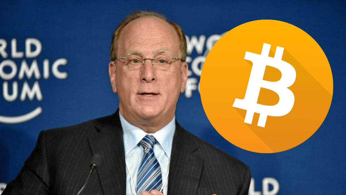 Larry Fink, CEO da BlackRock, ao lado de ícone de Bitcoin