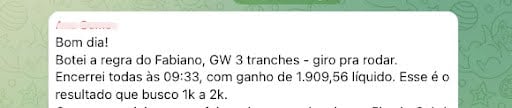 Fonte: Cliente Gamma Quant, print feito pelo Telegram. Retornos passados não garantem retornos futuros. O investimento em day trade envolve riscos, podendo ocasionar perdas.